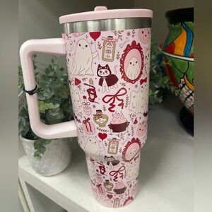 Pink Halloween Ghosts Cats Bows Insulated Stainless Tumbler w/Lid Straw 40ozNWT